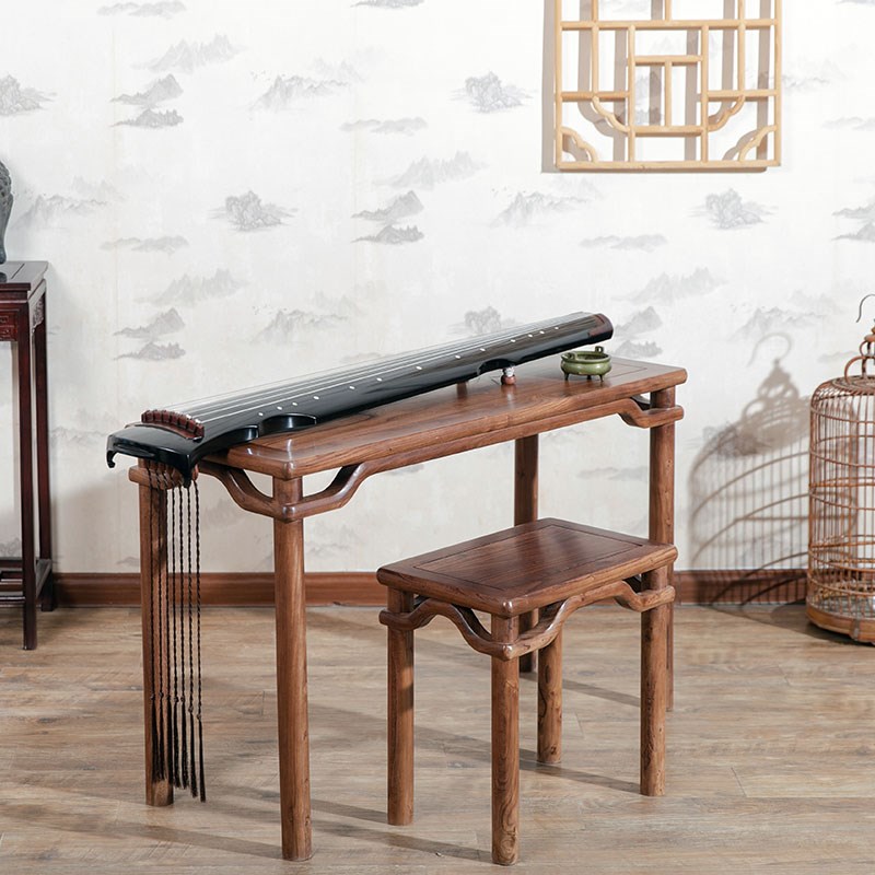 经典明式榆木古琴桌m凳罗锅霸王杖擦生漆榫卯一体实木桌扬州古琴