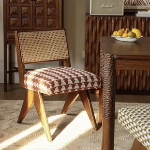 中古风实木餐椅家用客厅软包藤编餐桌椅民宿法式餐厅设计师餐椅子