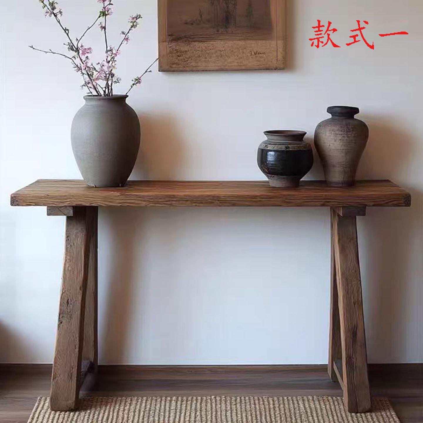 侘寂风玄关桌置物台风化实木长条案中古民宿原木长书桌禅意长案几图片