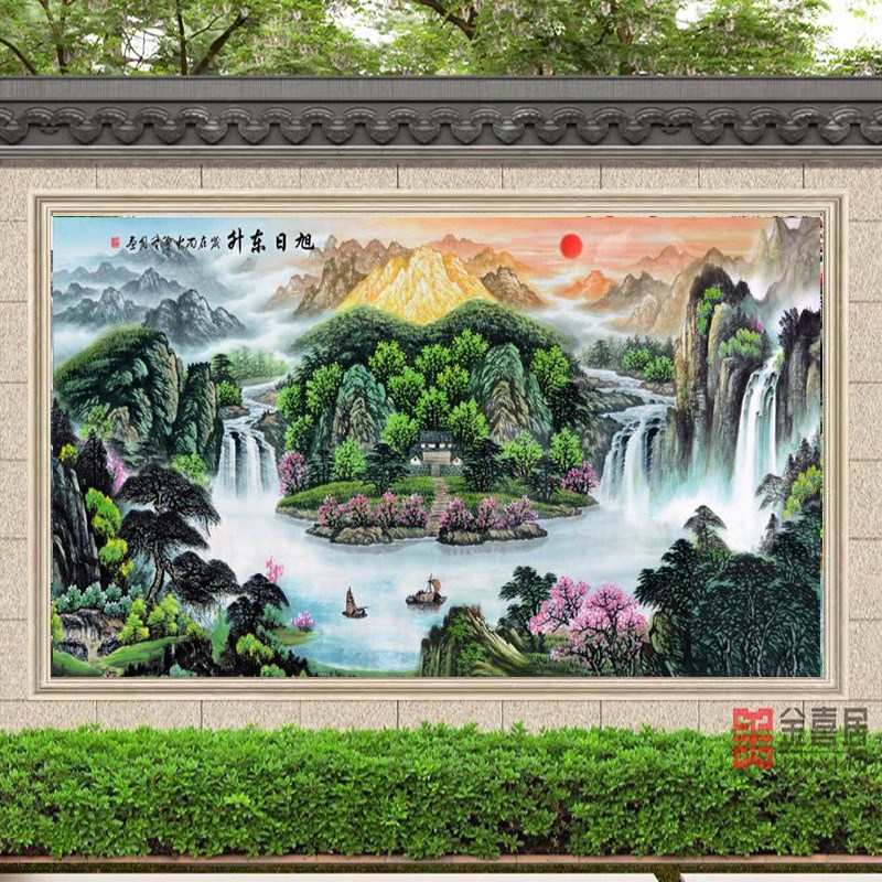 山水风景画影壁画照壁瓷砖别墅庭院墙迎门墙室R外高温微晶石迎客
