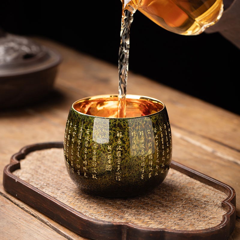 大漆主人杯手工漆器o心经杯高档茶杯茶盏鎏金自用单杯复古中式送