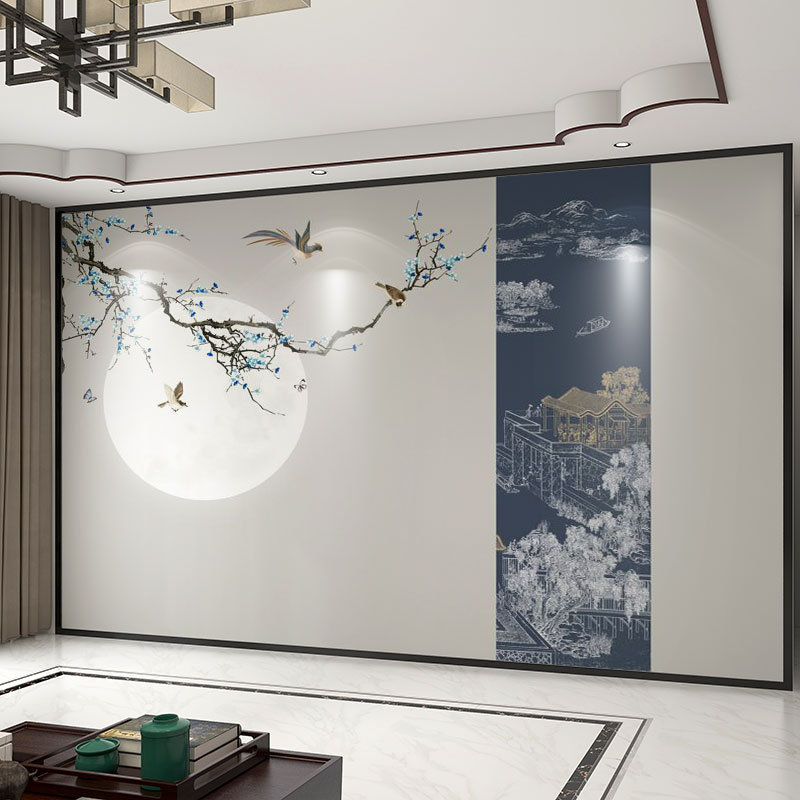 墙纸定制3d立体淡雅中式花鸟电视背景墙壁M纸装饰壁布卧室墙布壁
