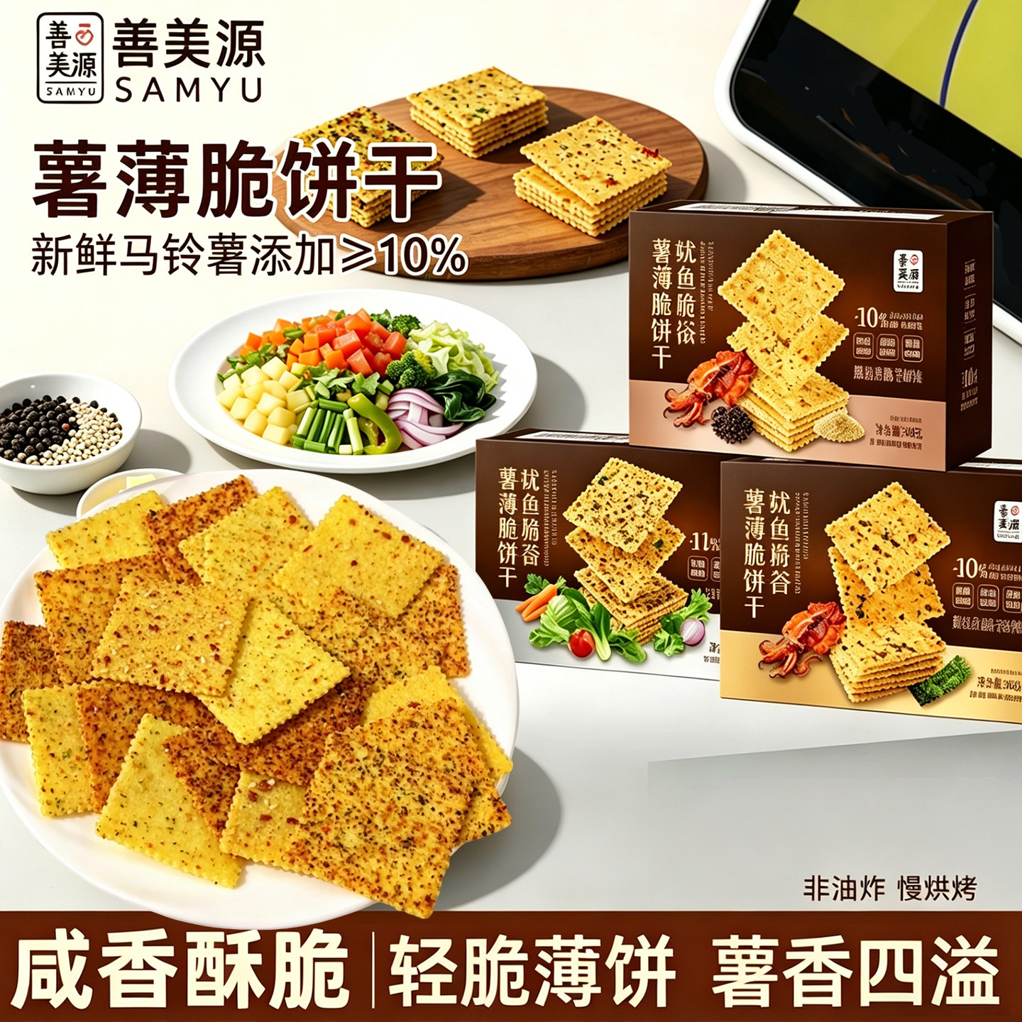 善美源薯脆薄饼干休闲蔬菜零食办公室下午茶海苔鱿鱼薄脆饼干香脆
