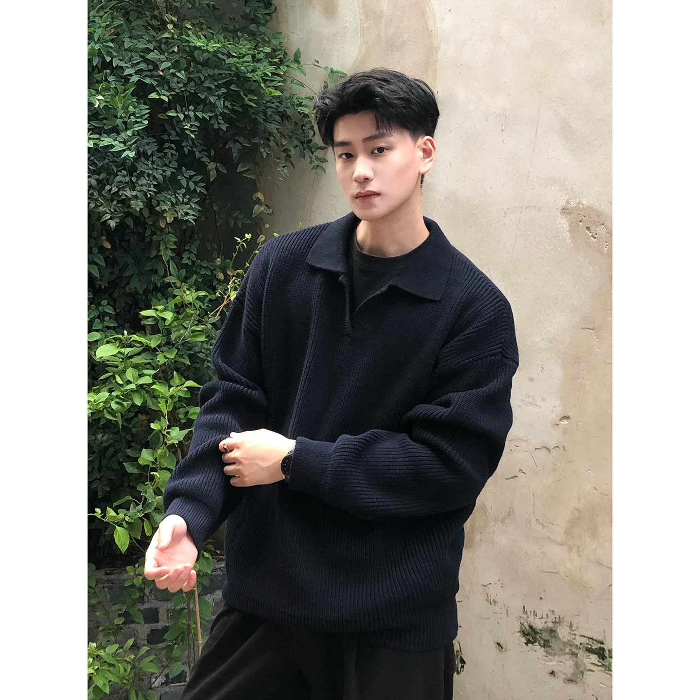 黑色POLO领毛衣男高级感