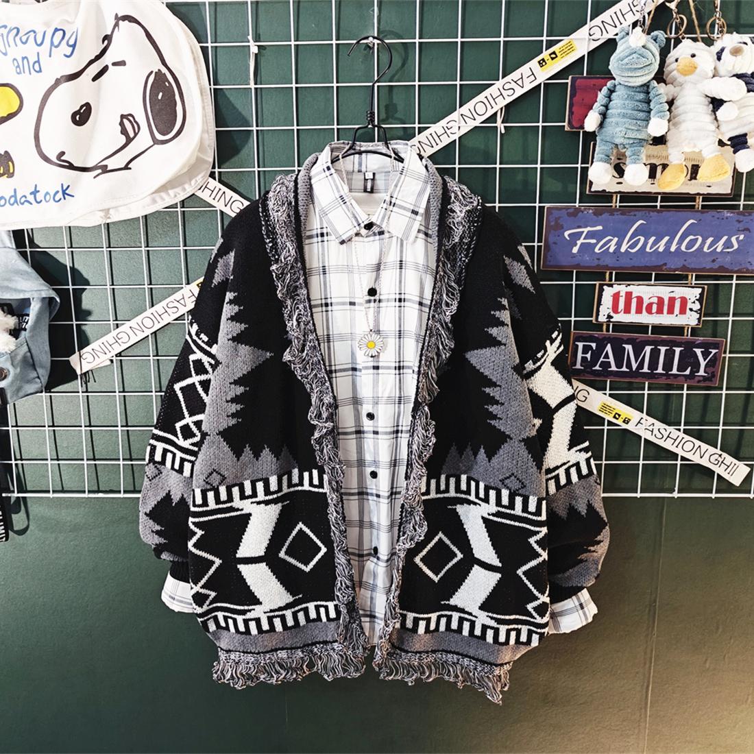 日系潮牌V领开衫毛衣男秋