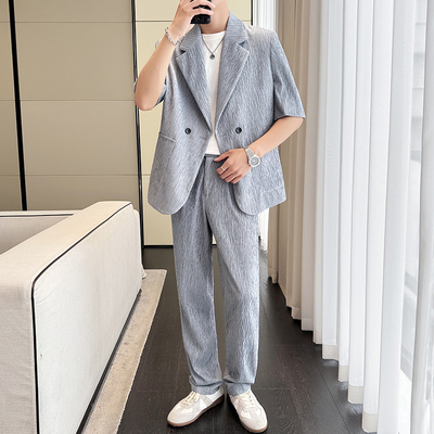 微皱肌理感七分袖西服男夏季休闲松驰感宽松冰丝外套垂感西装一套