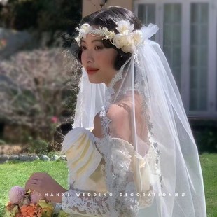 森系新款复古民国风新娘蕾丝边绢纱花朵发箍花环头纱影楼拍照配饰