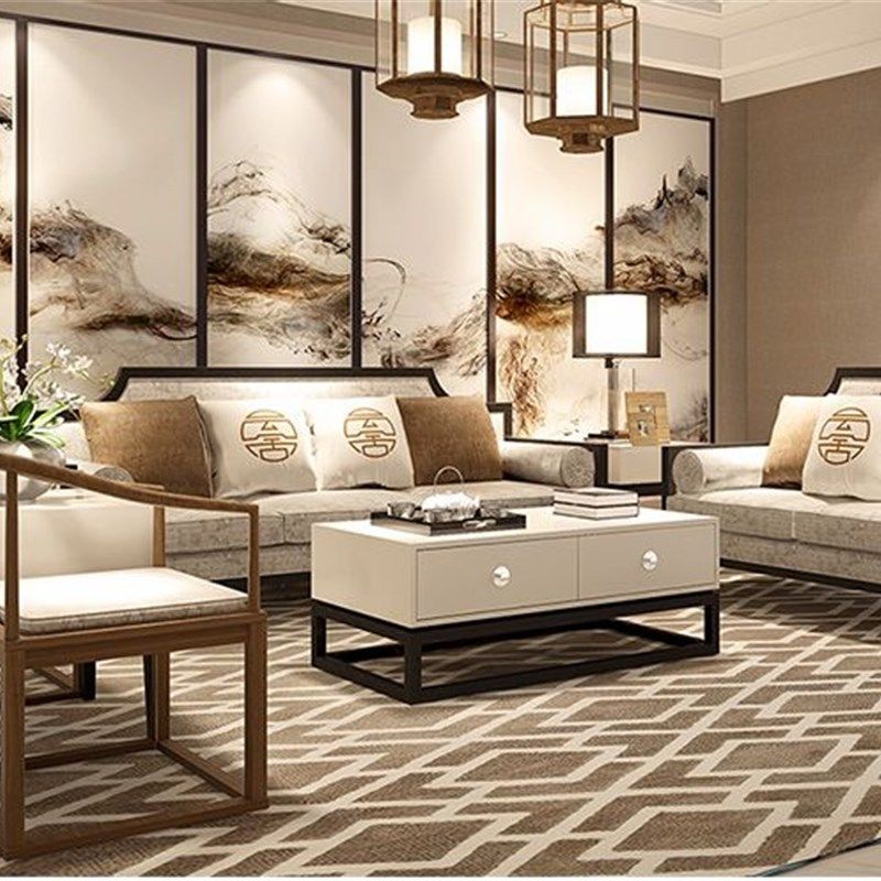 新中式沙发现代简约客厅样板房酒店禅意家具全实木布艺沙发组合,住宅家具,实木沙发,淘宝优惠券,粉丝福利购,淘宝优惠卷