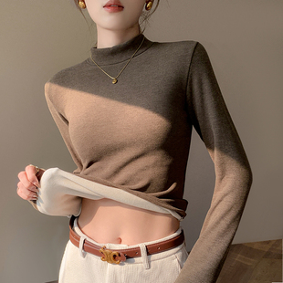 内搭保暖修身 加厚长袖 上衣女 女2025秋冬新款 褐色半高领加绒打底衫