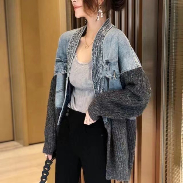 欧洲站牛仔拼接新款秋装外套洋气针织开衫网红外套上衣小香风
