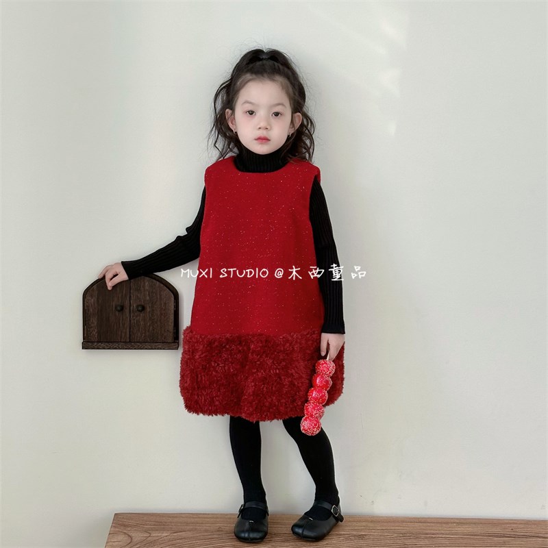 木西童品2024冬新年款女童无袖连衣裙女宝宝洋气背心裙拜年红裙子图片