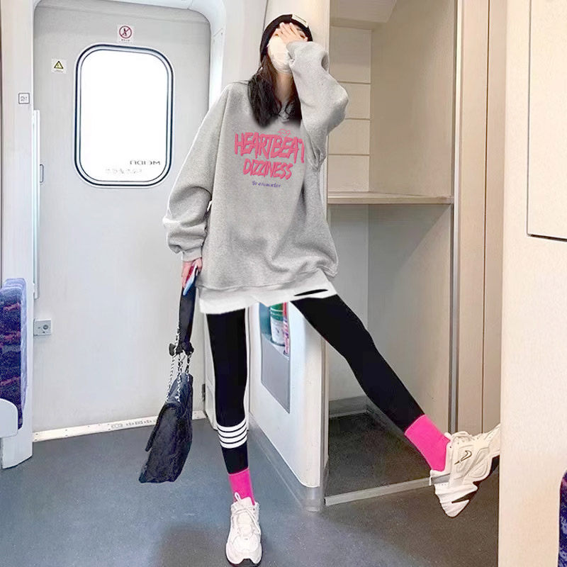 灰色甜酷字母假两件卫衣女2023秋冬新款中长版遮屁股上衣加绒外套