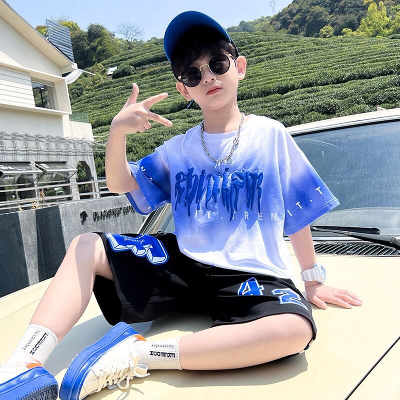 男童夏季套装2025新款儿童夏装男生衣服运动渐变色童装大童短袖潮