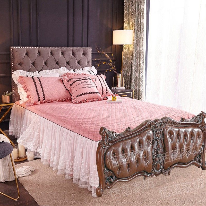 欧式床罩无床尾四季纯棉夹棉加厚无尾床裙两边蕾丝床裙纱全棉黄色