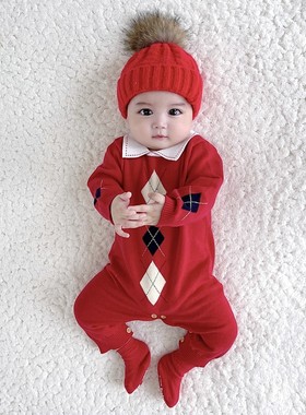 秋冬新款男宝宝婴儿红色满月婴幼儿绅士针织毛衣连体哈衣长爬服