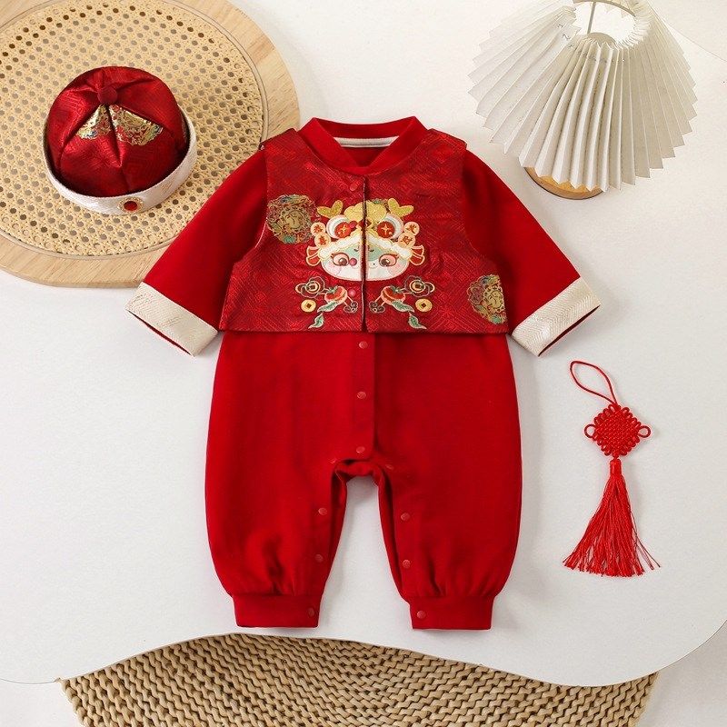 男宝宝新年装周岁礼服连体衣春秋中式两件套唐装婴儿满月百天套装