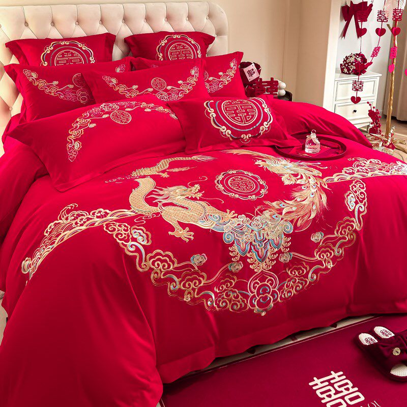 高端结婚磨毛四件套婚庆大红色加厚被套床单床笠新婚婚嫁床上用品