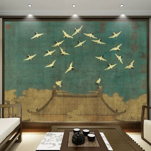 中式复古瑞鹤图墙纸宋徽宗古画仙鹤壁纸摄影客厅古典定制背景墙布
