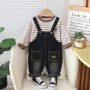 男童春秋牛仔背带裤男宝套装2025秋装新款儿童洋气时髦炸街两件套