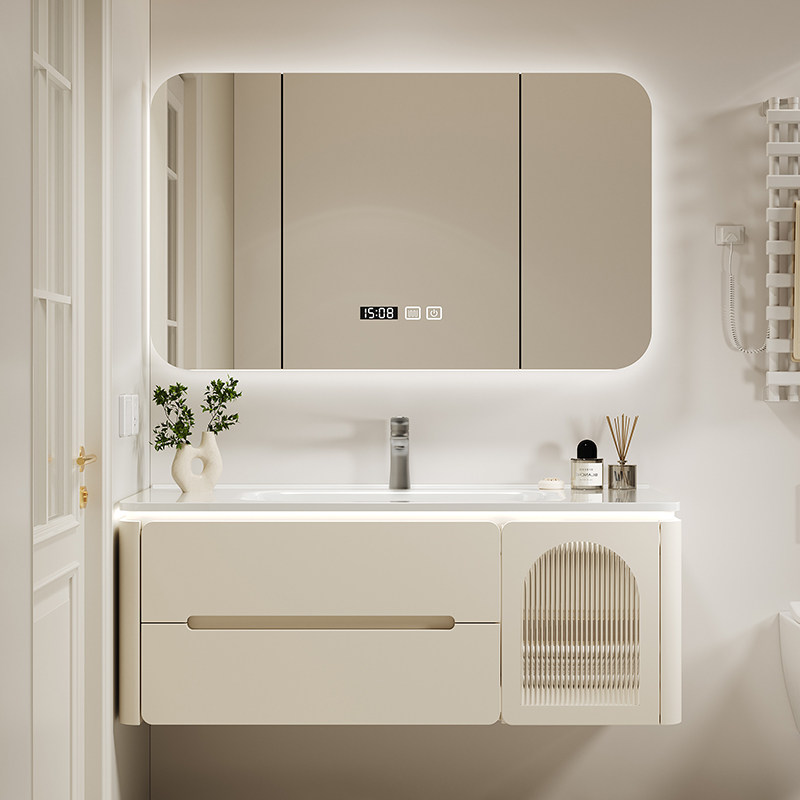 橡木烤漆浴室柜简约现代奶油风圆角陶瓷一体洗手洗脸盆洗漱台组合,家装主材,浴室柜组合,淘宝优惠券,粉丝福利购,淘宝优惠卷