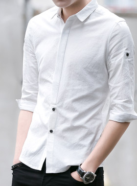 夏季男士短袖衬衫韩版七分袖衬衣修身休闲帅气中袖潮流上衣服男装