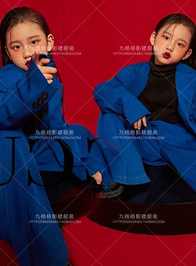 女小童宝蓝色西装套装儿童摄影主题服装写真艺术照舞台走秀演出服