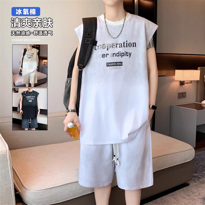 夏季冰丝无袖t恤男生青少年初中生帅气运动衣服大童背心短裤套装图片