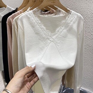 2023秋冬白色V领蕾丝软糯风羊绒针织衫女加厚毛衣宽松打底衫上衣