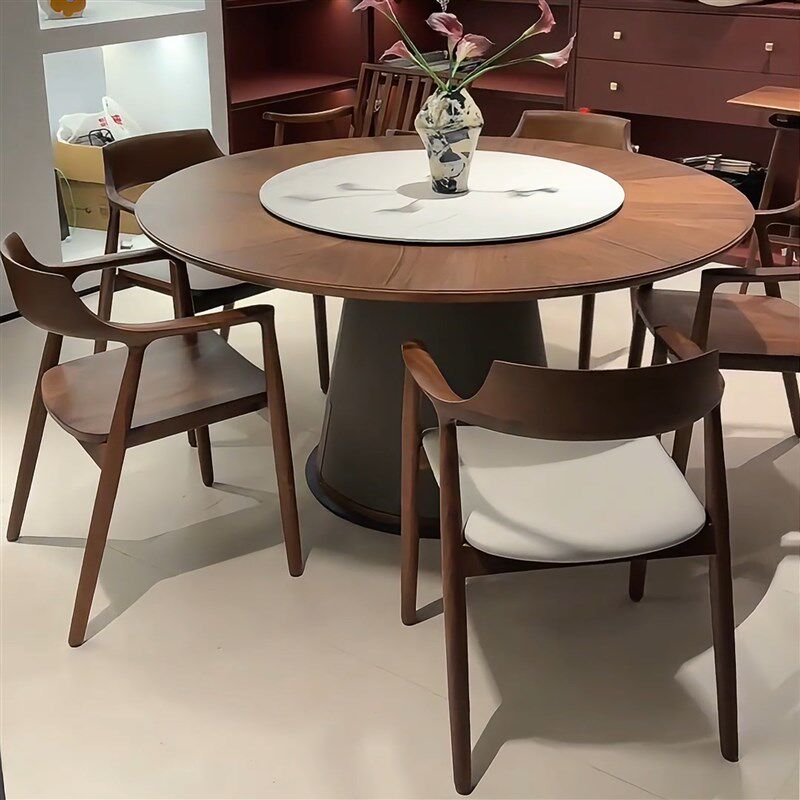 新中式黑胡桃木现代轻奢简约圆桌岩板转盘别墅实木餐厅餐桌家具
