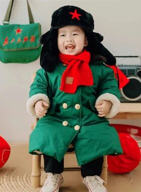儿童军绿色大衣宝宝女童冬季小孩保暖加厚加绒棉衣中长款棉袄外套