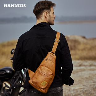 HANMIISB6空降兵机车头层牛皮胸包真皮男包斜挎包机车骑行休闲包