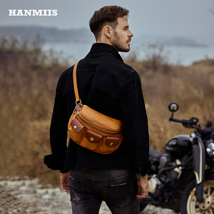 单肩斜挎包骑行男包 HANMIIS饺子胸包头层植鞣牛皮复古真皮男士
