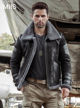 HMS 徽章新款二战飞行服B3皮毛一体皮草男装外套真皮夹克绵羊皮衣