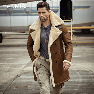 汉名仕长款 B3羊皮一体飞行服空军绵羊男外套风衣大衣真皮皮衣