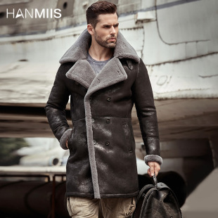 汉名仕长款 B3皮毛一体飞行服空军绵羊男外套风衣大衣真皮皮衣