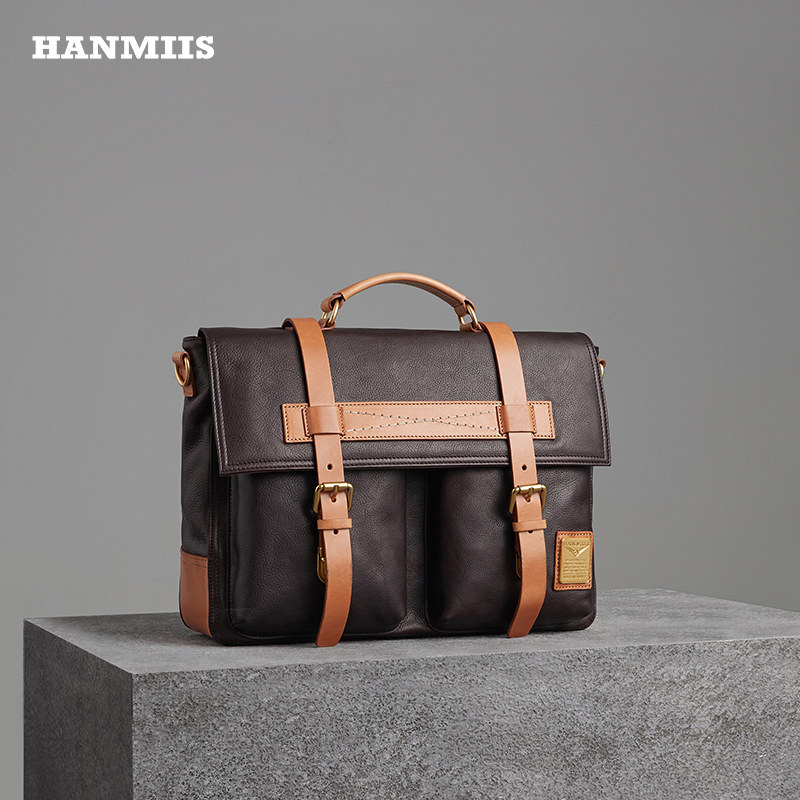 HANMIIS头层牛皮 英国邮差包真皮男包斜挎公文商务单肩包复古手提