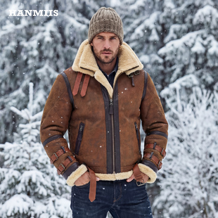 汉名仕霸气飞行服B3羊皮毛一体男加厚御寒外套皮夹克机车真皮皮衣