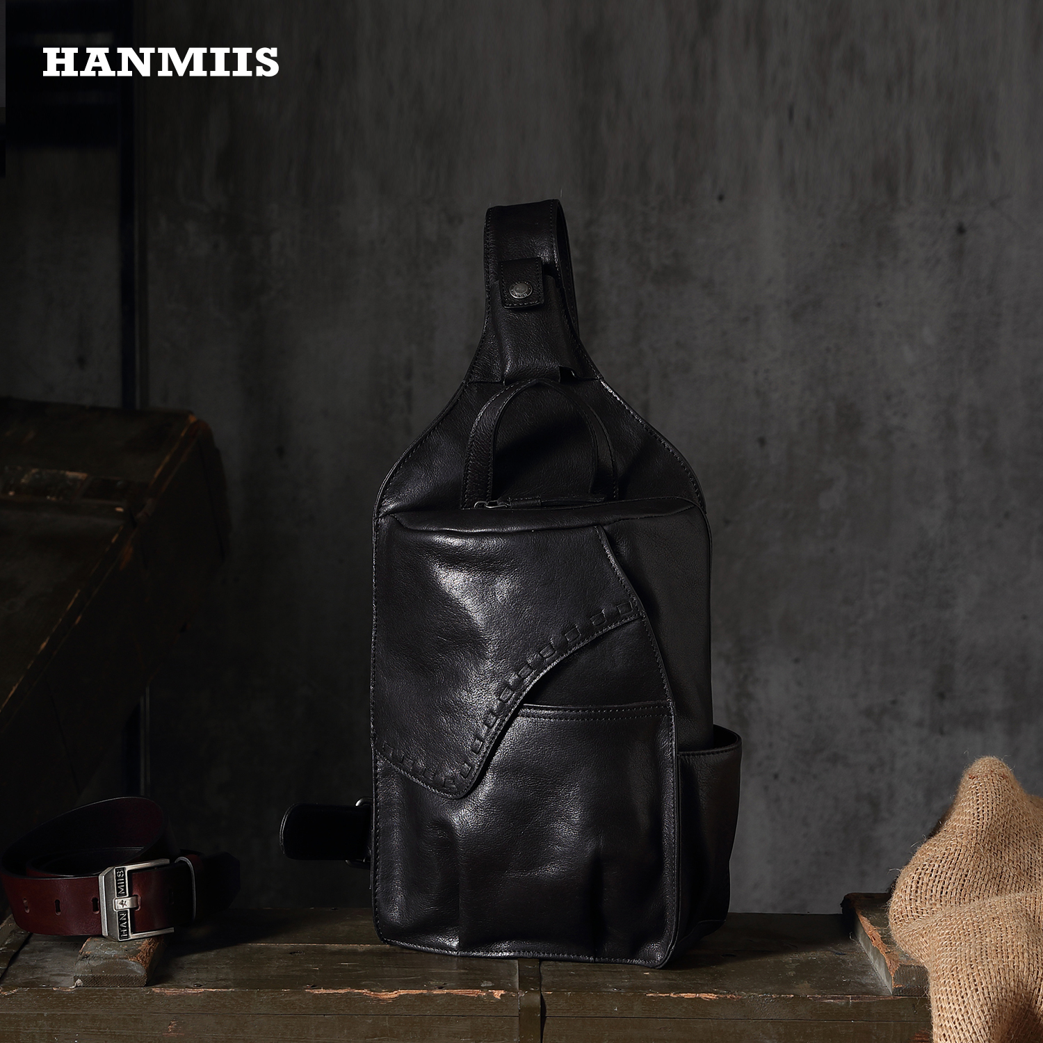 HANMIIS头层牛皮胸包斜挎骑行包
