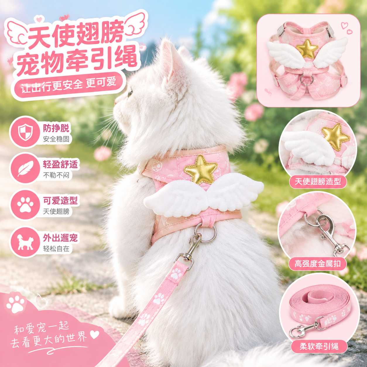 天使翅膀猫咪牵引绳背心式牵引带狗狗幼猫外出牵引防挣脱宠物用品
