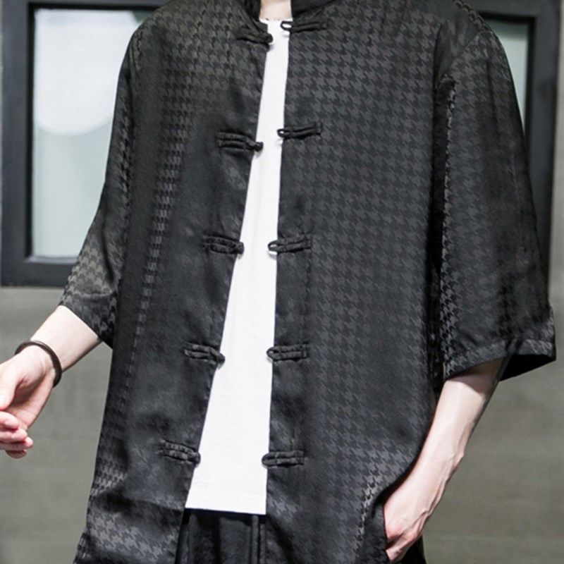 中国风冰丝暗纹提花衬衫男装汉服夏季垂感短袖衬衣宽松大码唐装潮,男装,唐装,淘宝优惠券,粉丝福利购,淘宝优惠卷