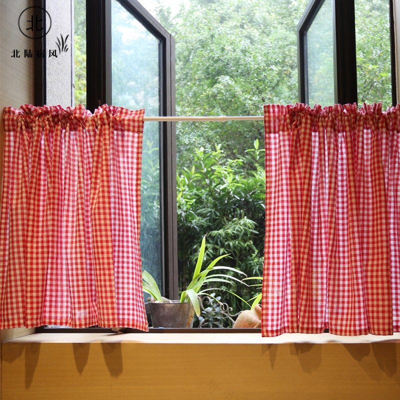 门帘多巴胺短帘免打孔半帘魔术贴半帘红格子厨房家用挂帘半遮柜帘