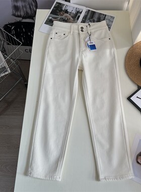 年度宝藏裤型~白色加绒加厚牛仔裤 显瘦弹力烟管牛仔裤九分直筒裤