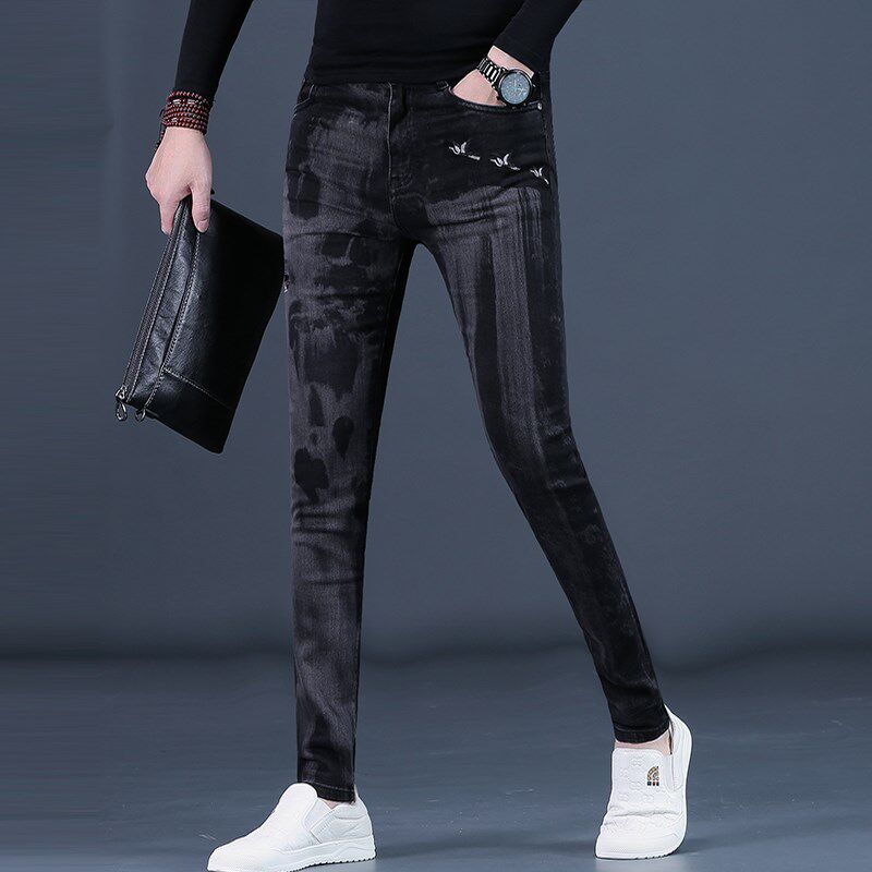 秋冬牛仔裤男士刺绣花韩版潮流修身显瘦高端休闲长裤潮男裤子厚款