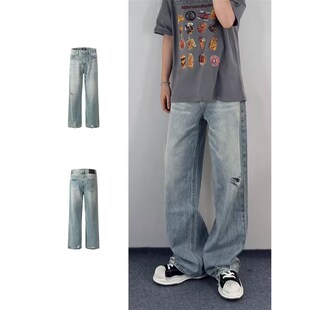 复古蓝色裤脚破洞牛仔裤男女款夏季美式高街直筒裤阔腿宽松长裤子