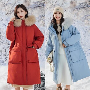 胖妹妹大码200斤长款羽绒服女过膝超长2023新款韩版宽松加厚外套
