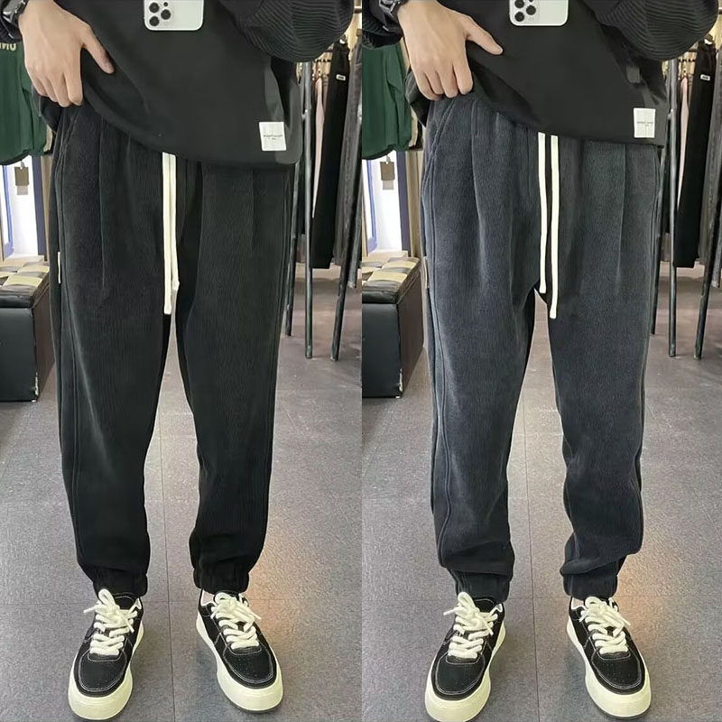 2023秋冬男士新款博澳绒百搭休闲裤网红潮牌条绒束脚运动九分裤子