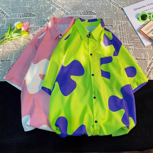 男装 高级感情侣衫 宽松花衬衫 男夏季 夏威夷海边衬衣2 短袖 300斤大码