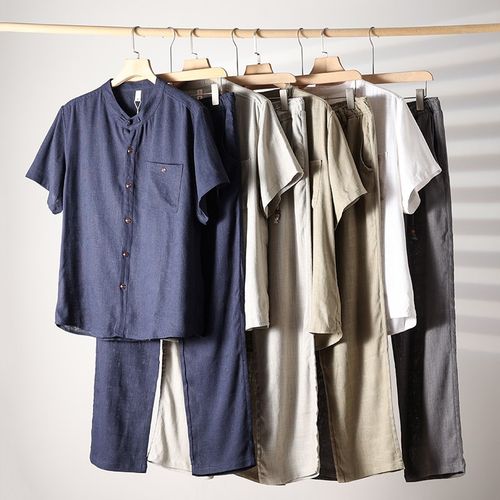 天然凉感!垂坠亚麻!夏季外贸男士吸湿透气休闲短袖衬衫长裤套装