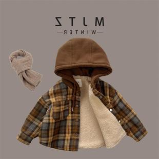 加绒加厚棉裤 男女宝宝韩版 两件套潮 新款 男童棉服连帽外套2023冬季