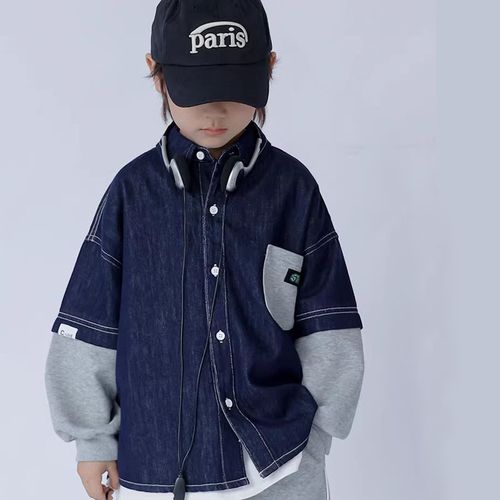 儿童长袖2023秋装新品男童日系休闲开衫男宝宝牛仔衬衫帅气上衣潮